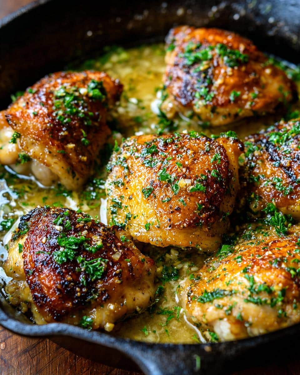 Close-up of golden brown One Pan Succulent Garlic Butter Chicken Thighs in a cast iron skillet, garnished with fresh parsley.