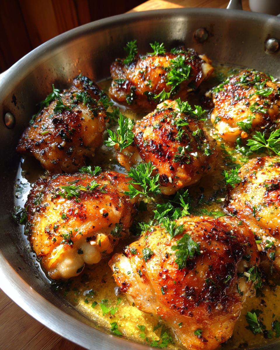 Close-up of golden brown One Pan Succulent Garlic Butter Chicken Thighs garnished with fresh parsley in a stainless steel skillet.