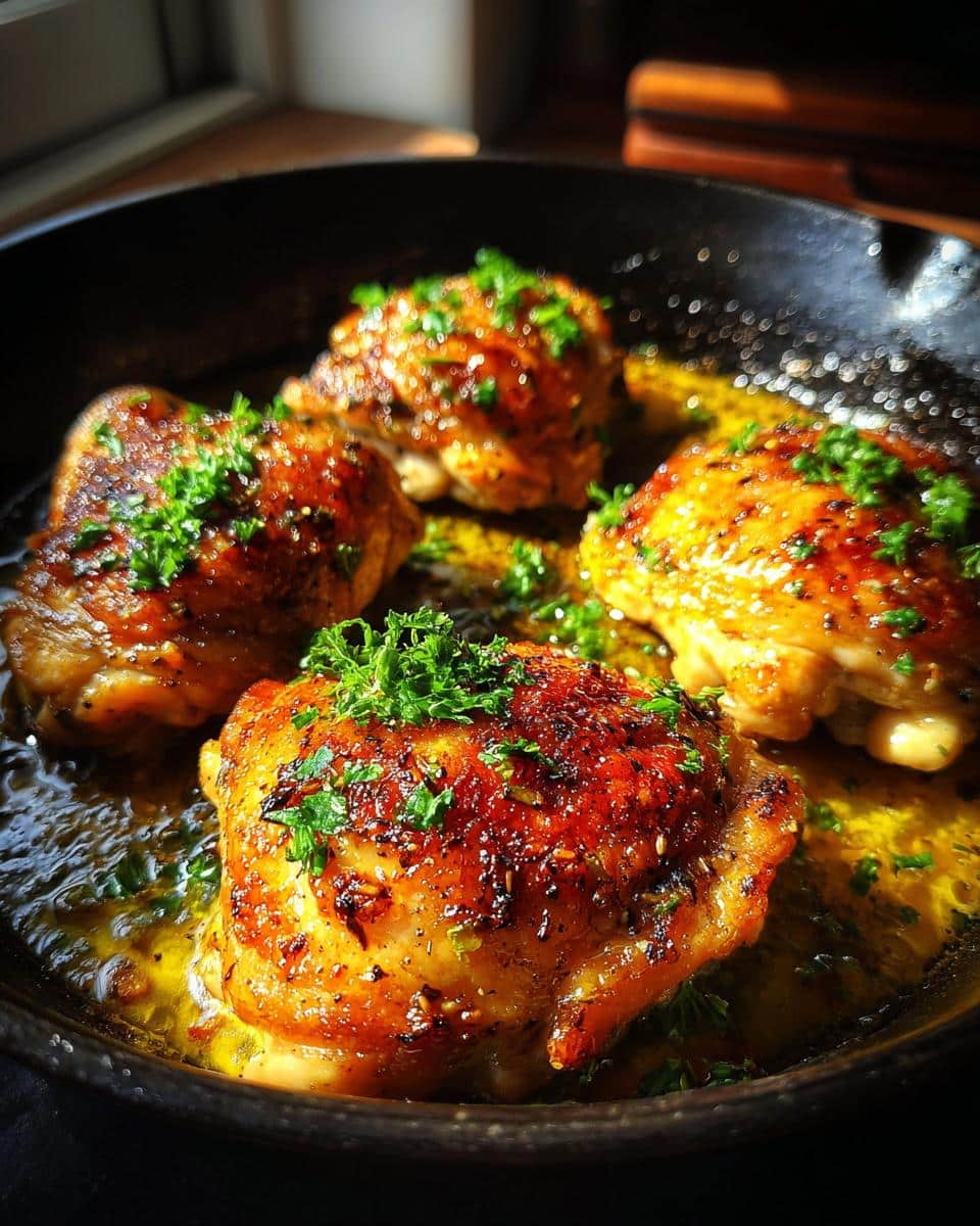 Four golden-brown, succulent garlic butter chicken thighs in a black cast iron skillet, garnished with fresh parsley.