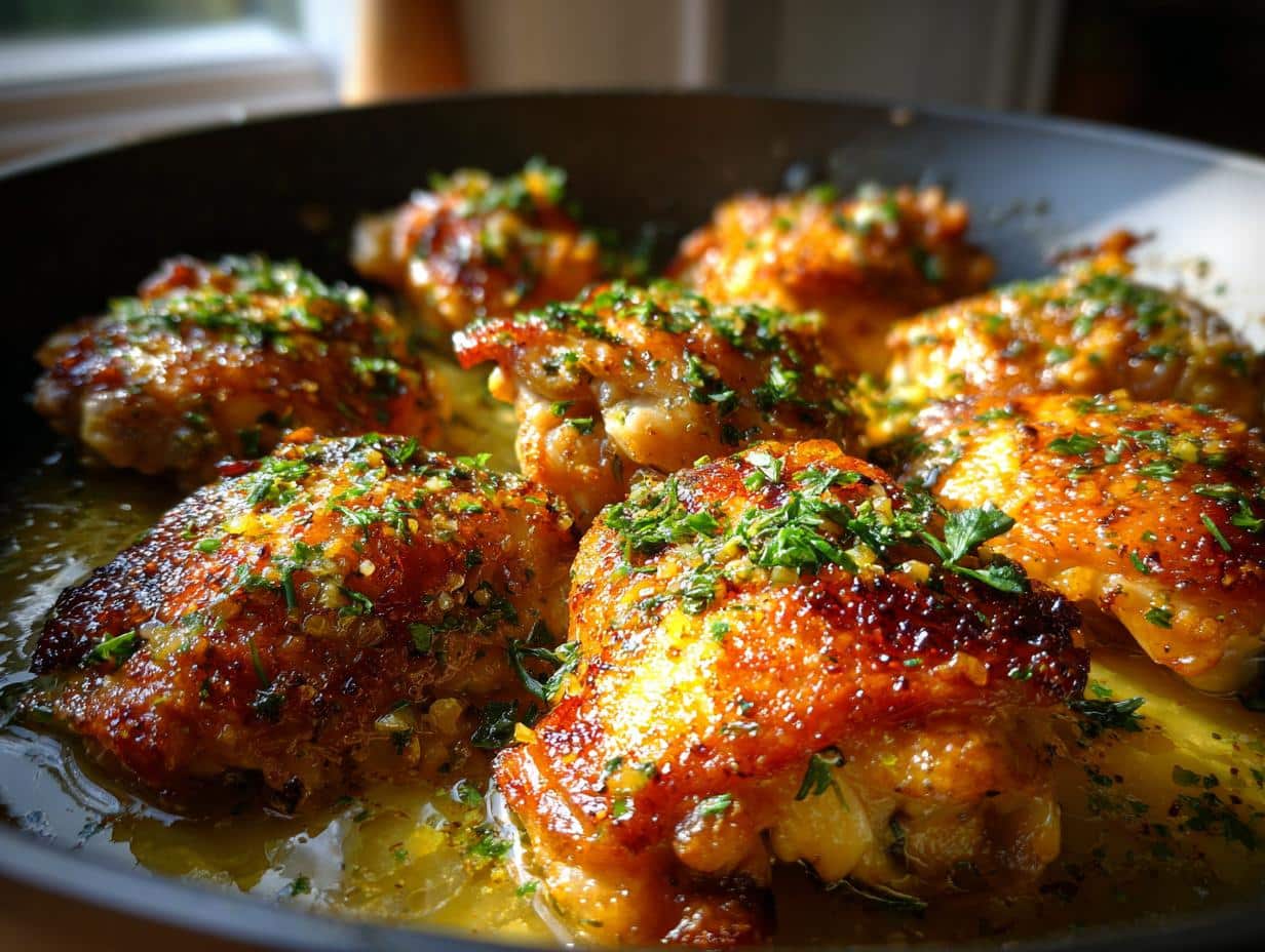 Close-up of golden brown One Pan Succulent Garlic Butter Chicken Thighs simmering in a pan, garnished with fresh parsley.