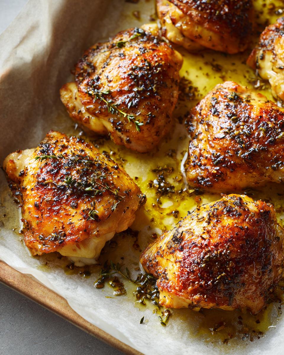 Close-up of golden brown Oven Baked Chicken Breast pieces, seasoned with herbs and spices, on a baking sheet with parchment paper.