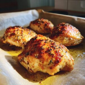 Four golden brown Oven Baked Chicken Breast pieces, seasoned with herbs, resting on parchment paper in a baking tray.