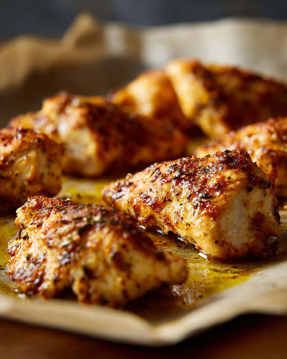 Close-up of golden brown, seasoned Oven Baked Chicken Breast pieces on parchment paper, glistening with juices.
