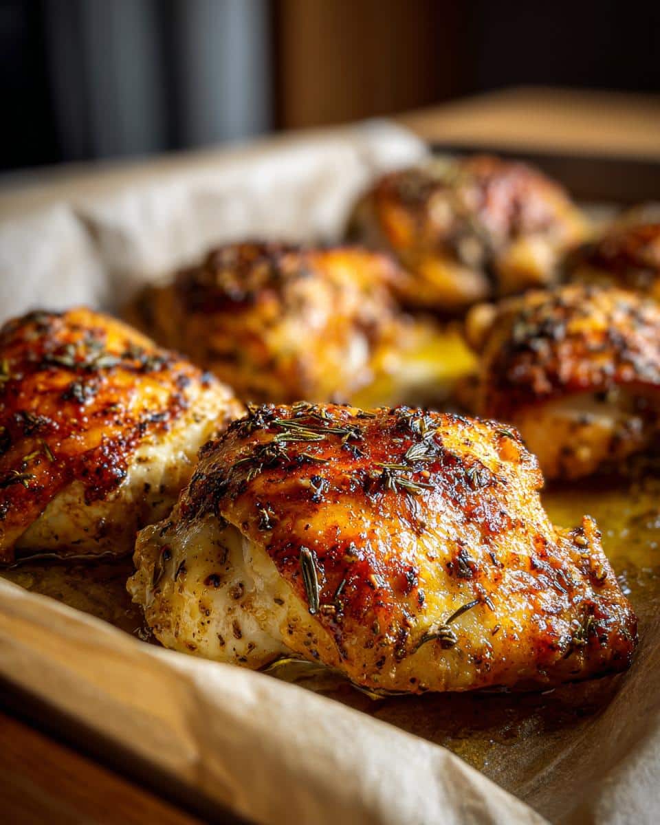 Close-up of golden brown, herb-crusted Oven Baked Chicken Breast Recipe on parchment paper in a baking pan.