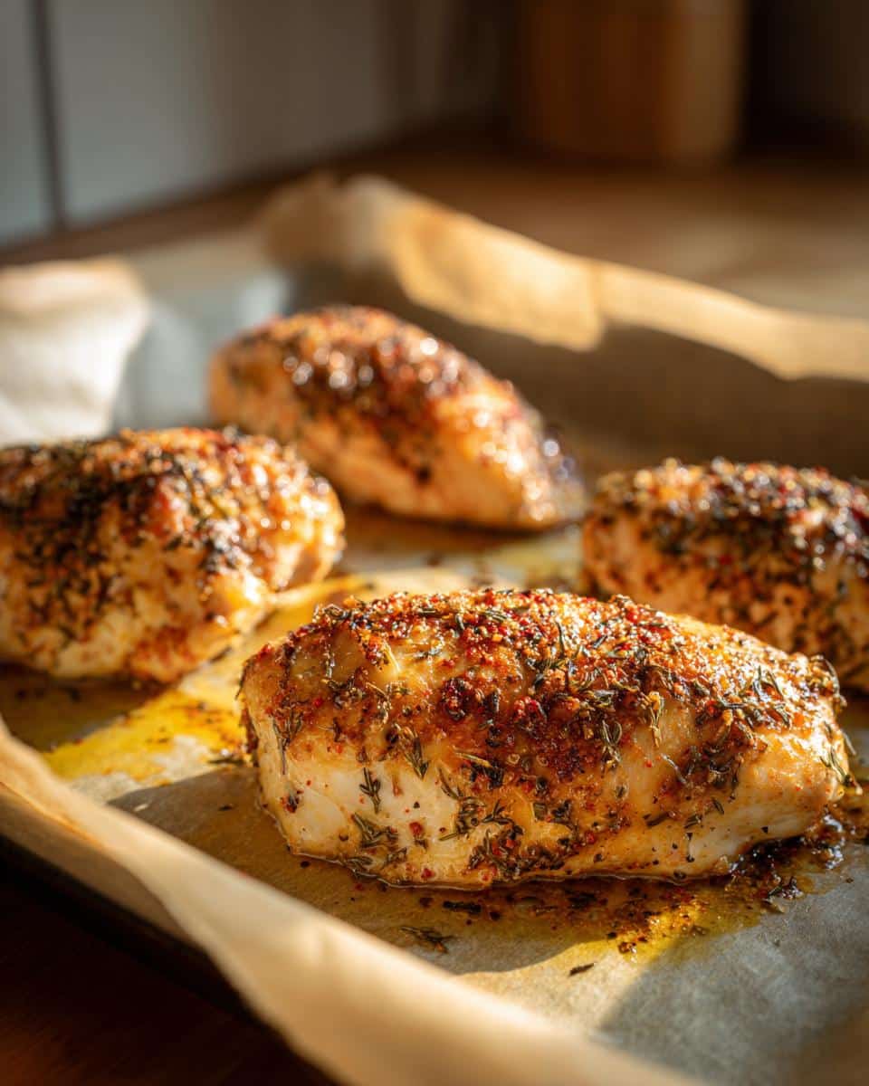 Four seasoned Oven Baked Chicken Breast pieces on a parchment-lined baking sheet, glistening with herbs and spices.