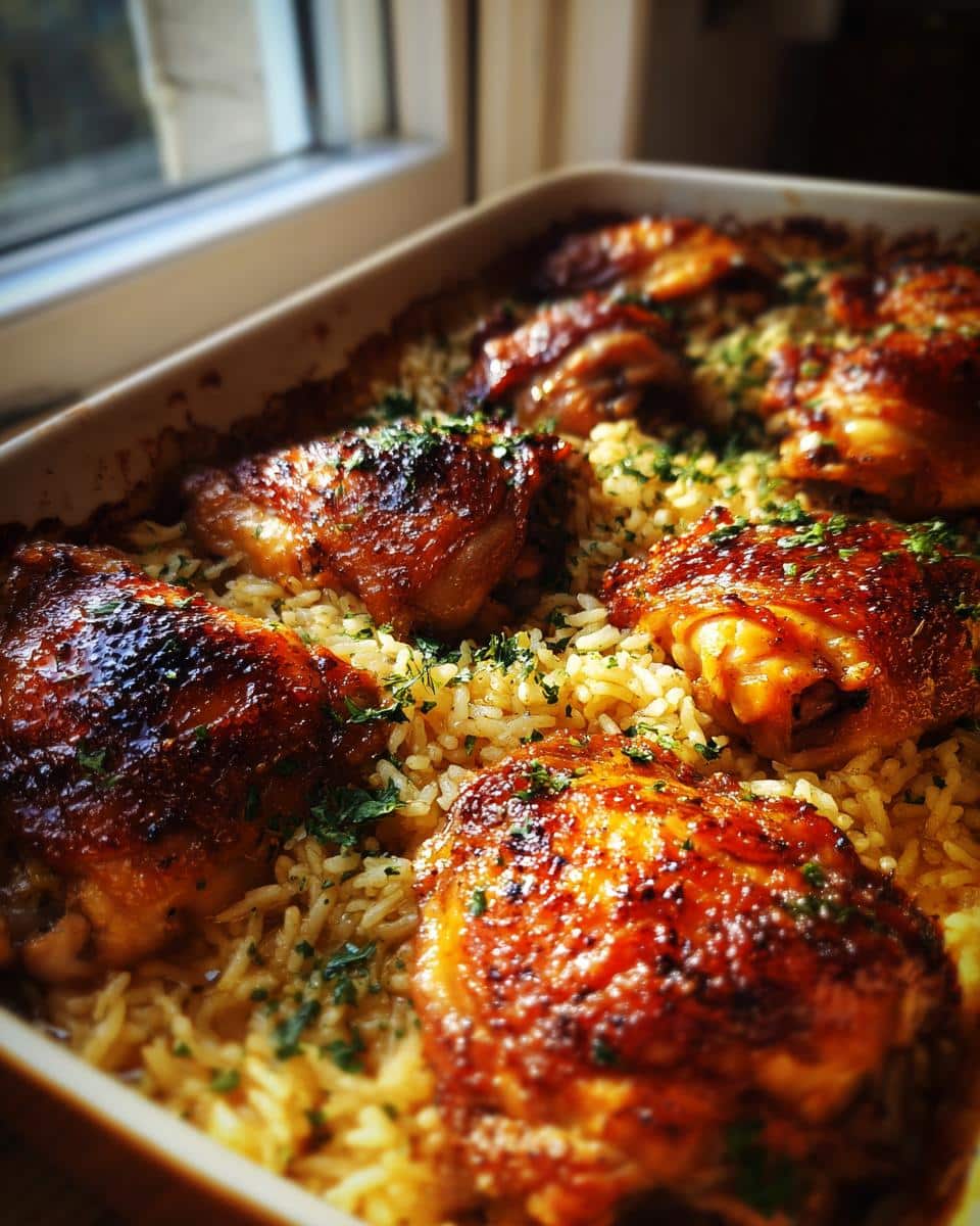 Close-up of golden brown Oven-Baked Comfort Food: Chicken and Rice in a baking dish, garnished with fresh parsley.