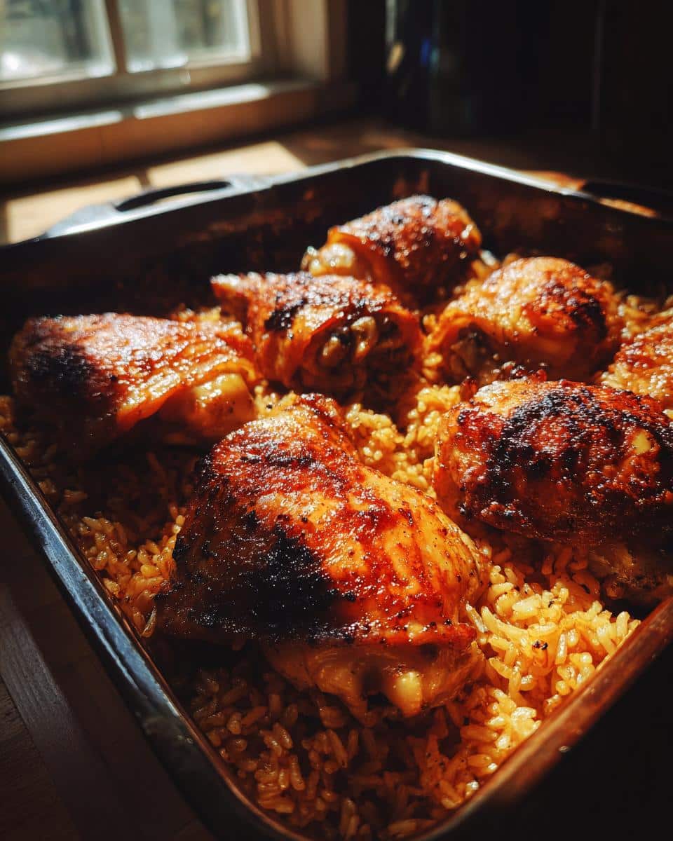 Close-up of a baking dish filled with golden brown Oven-Baked Comfort Food: Chicken and Rice, with crispy chicken pieces.