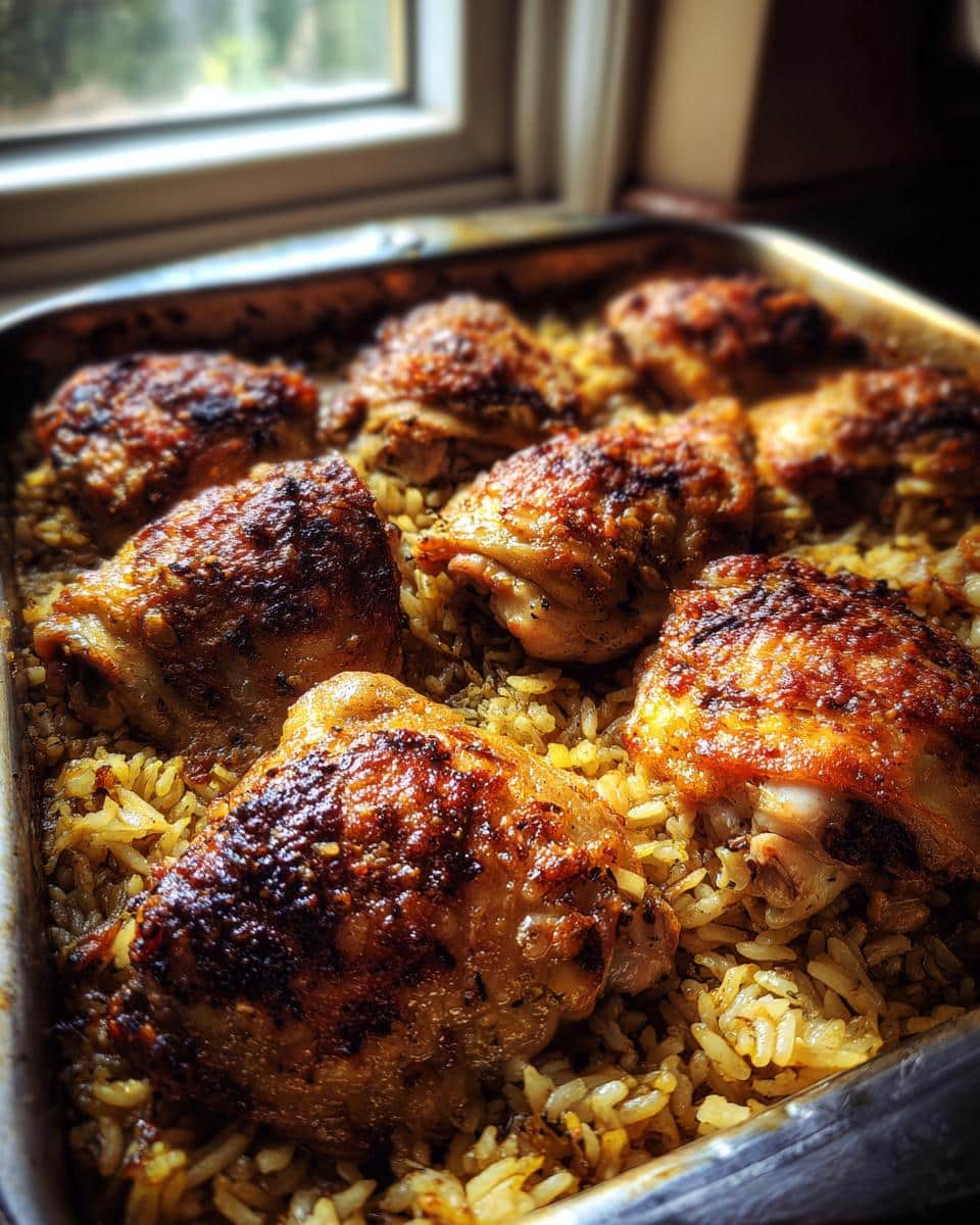 Close-up of a baking dish filled with golden brown Oven-Baked Comfort Food: Chicken and Rice, with crispy chicken thighs.