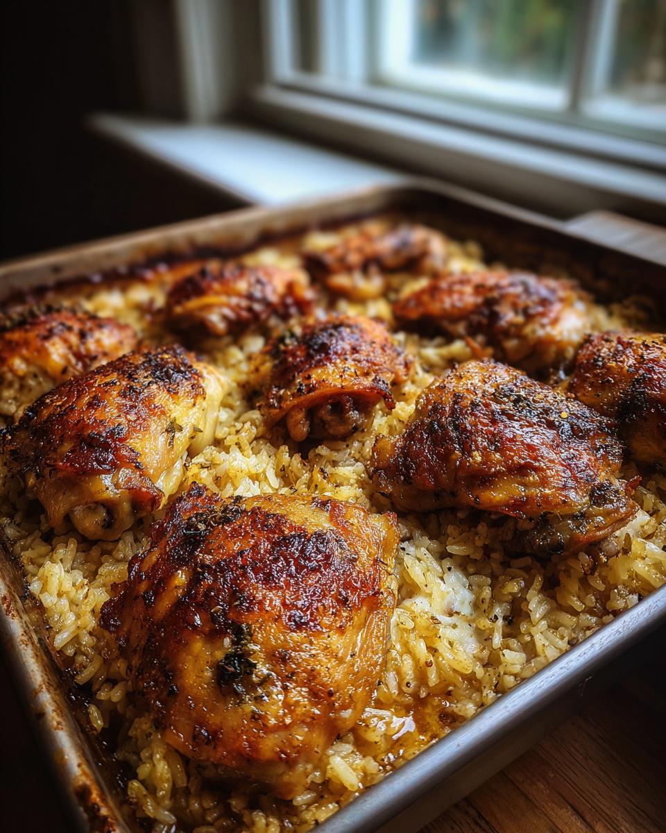 A baking sheet filled with golden brown Oven-Baked Comfort Food: Chicken and Rice, fresh from the oven.