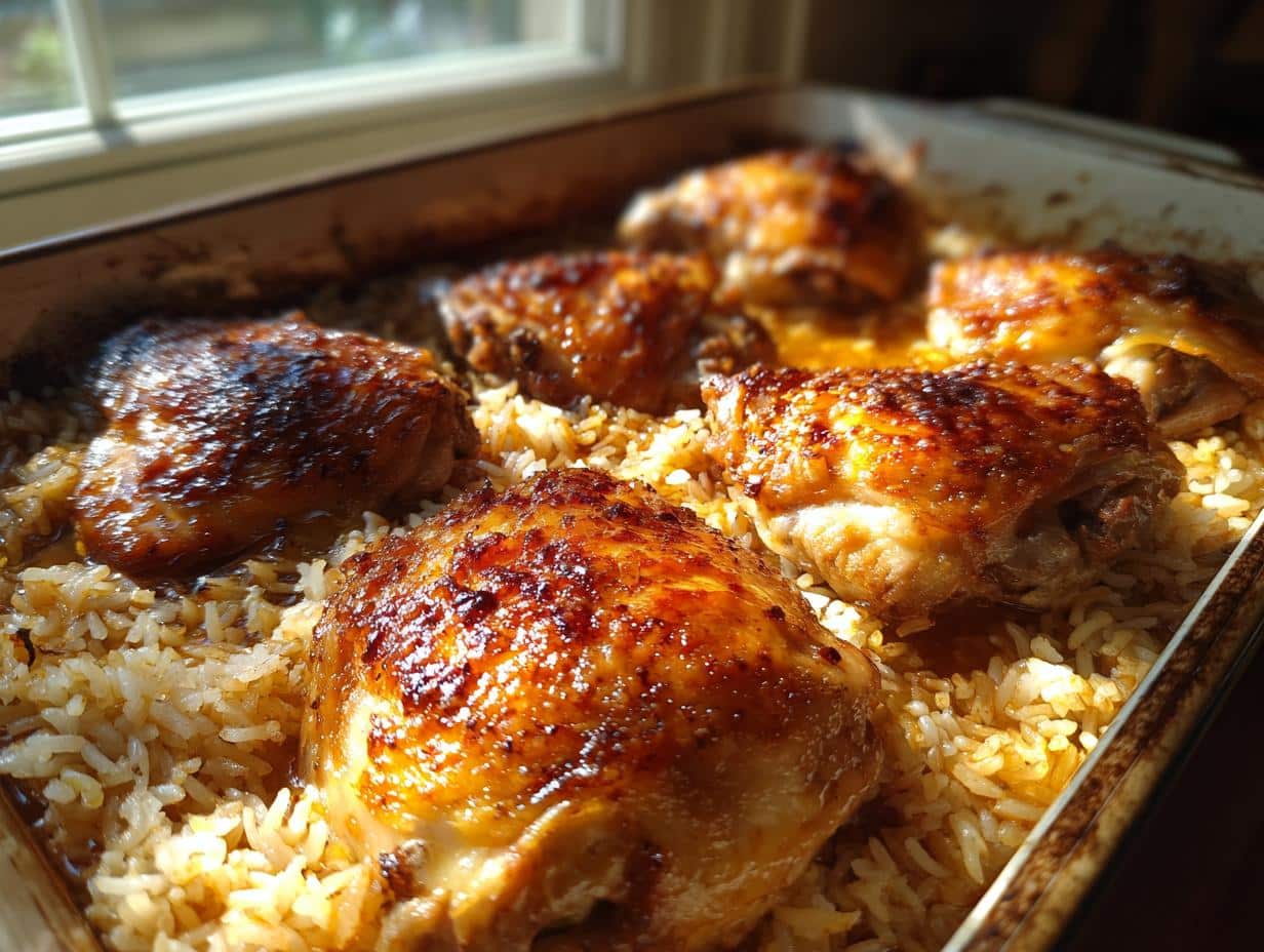 Close-up of a baking dish filled with golden brown Oven-Baked Comfort Food: Chicken and Rice, with crispy chicken skin.