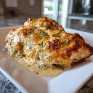 Two pieces of Oven-Baked Creamy Ranch Chicken on a white plate, topped with melted cheese and fresh parsley.