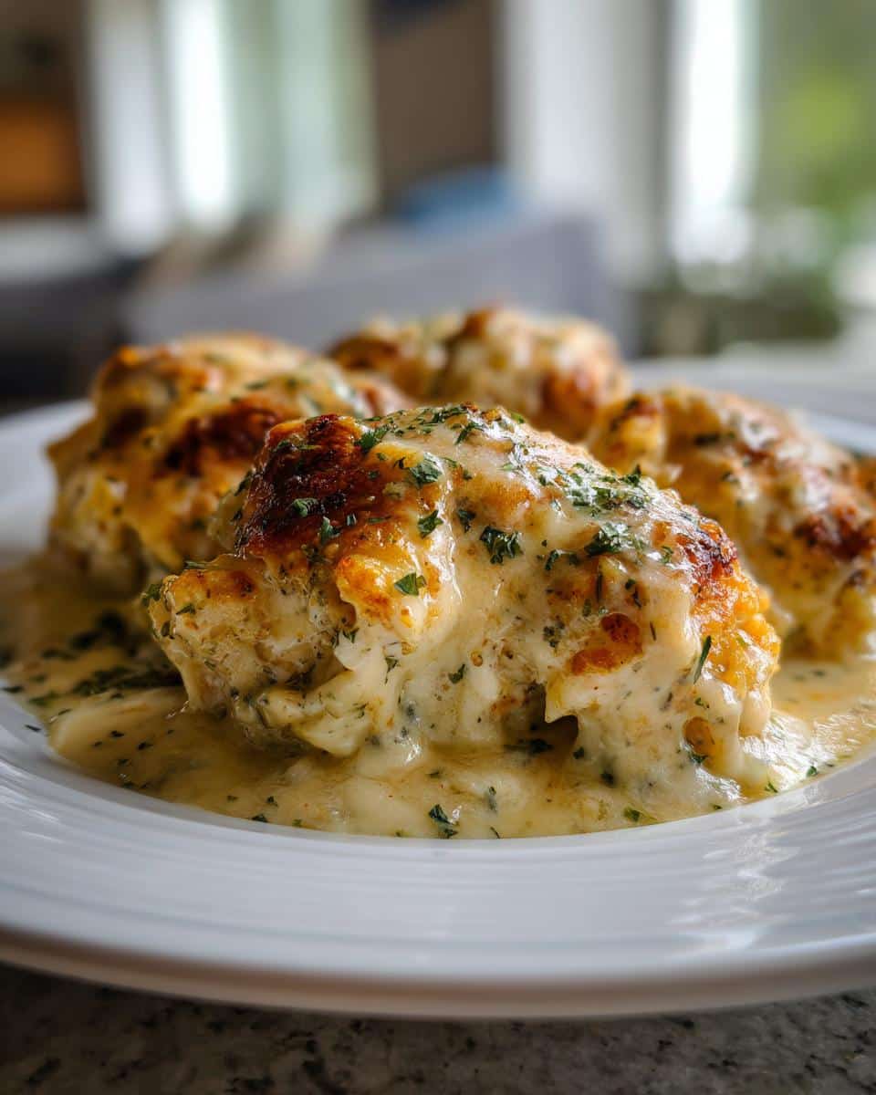 Close-up of golden brown Oven-Baked Creamy Ranch Chicken breasts covered in a rich, creamy sauce and fresh parsley.