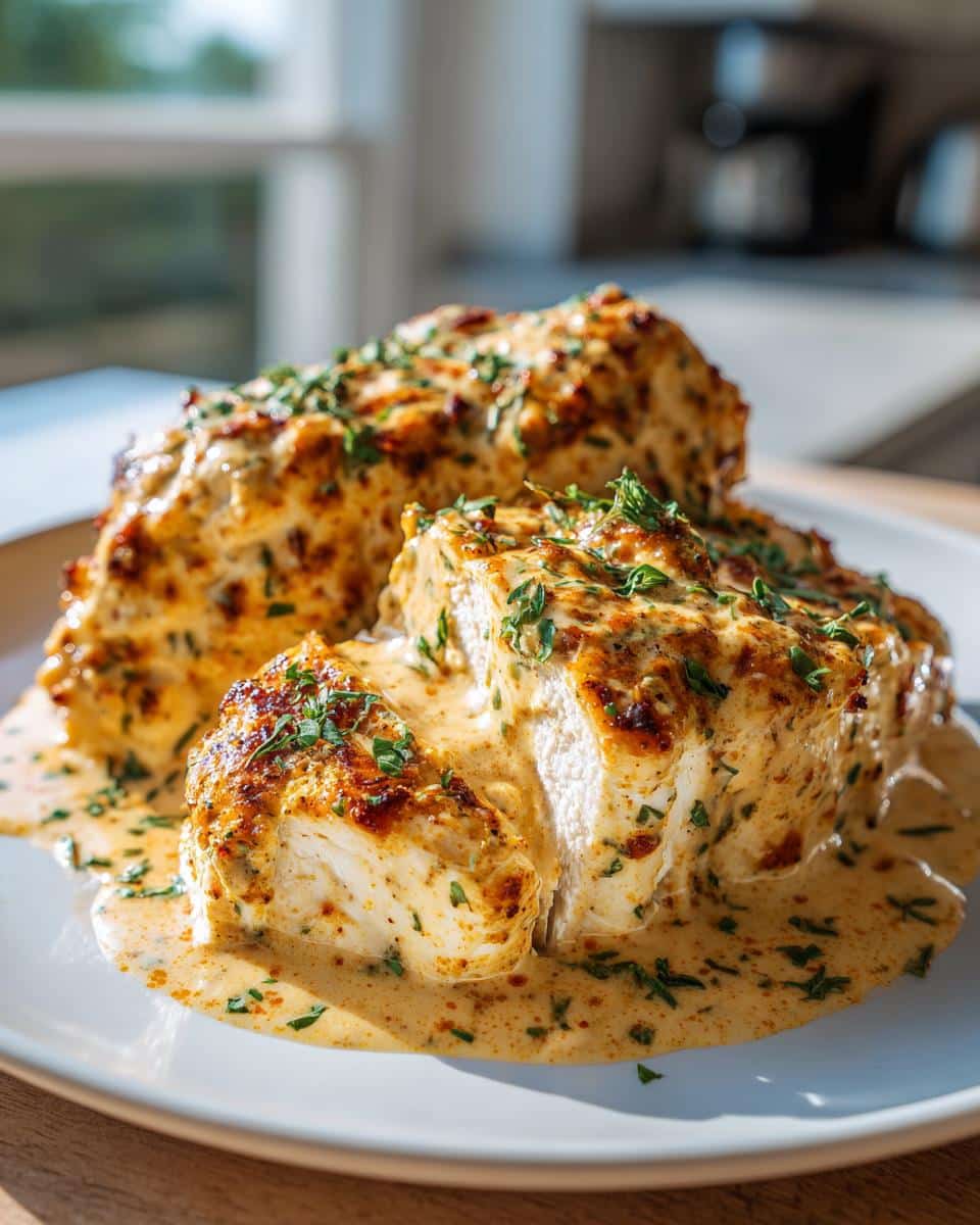 Close-up of two pieces of Oven-Baked Creamy Ranch Chicken on a white plate, one sliced to show the juicy interior, covered in creamy sauce and fresh herbs.