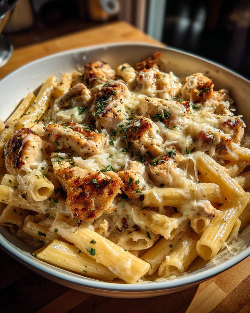 A close-up shot of a bowl of creamy Oven-Baked Garlic Parmesan Chicken Pasta, topped with melted cheese and fresh parsley.