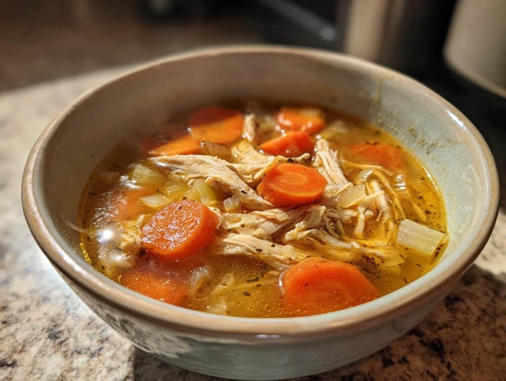Close-up of a steaming bowl of Oven-Baked Healing Chicken Soup with shredded chicken, carrots, and celery.