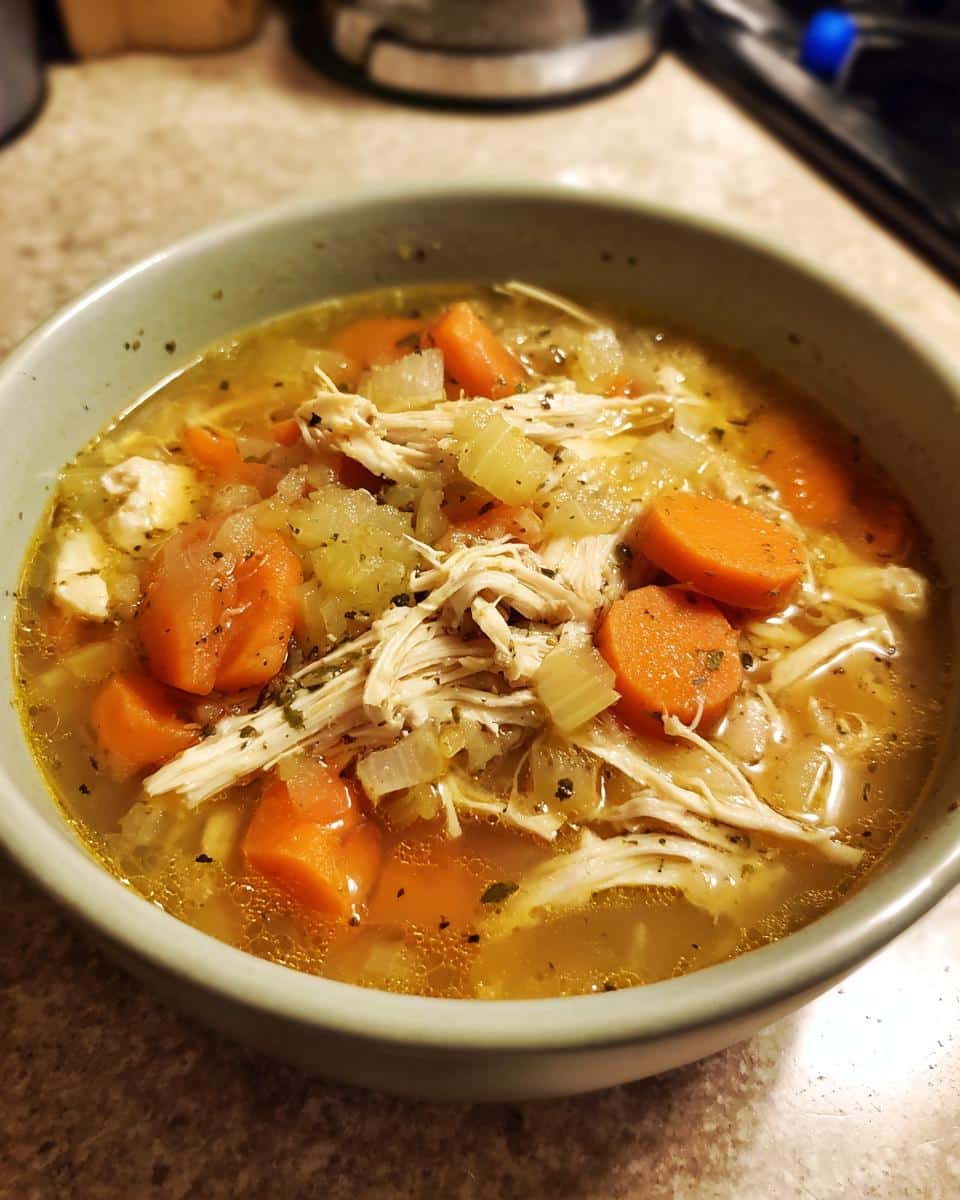 A close-up of a bowl of Oven-Baked Healing Chicken Soup, filled with shredded chicken, carrots, celery, and herbs in a rich broth.
