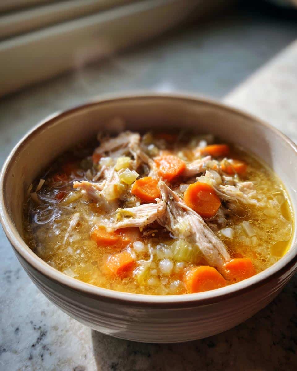Close-up of a bowl of Oven-Baked Healing Chicken Soup with shredded chicken, carrots, and celery.