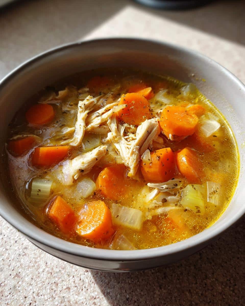 A close-up of a bowl of Oven-Baked Healing Chicken Soup, filled with shredded chicken, carrots, celery, and herbs.