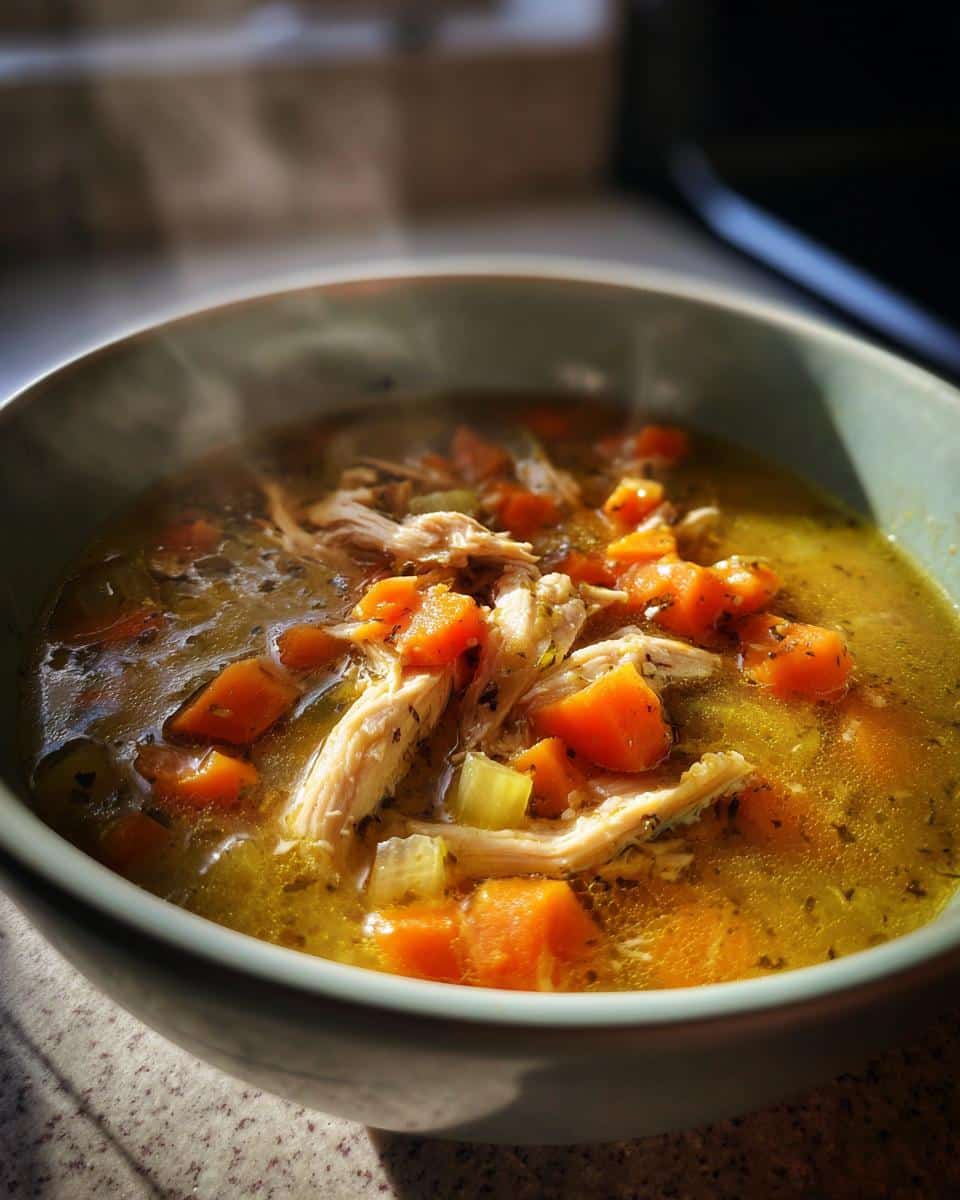 A close-up of a steaming bowl of Oven-Baked Healing Chicken Soup with shredded chicken, carrots, and celery.