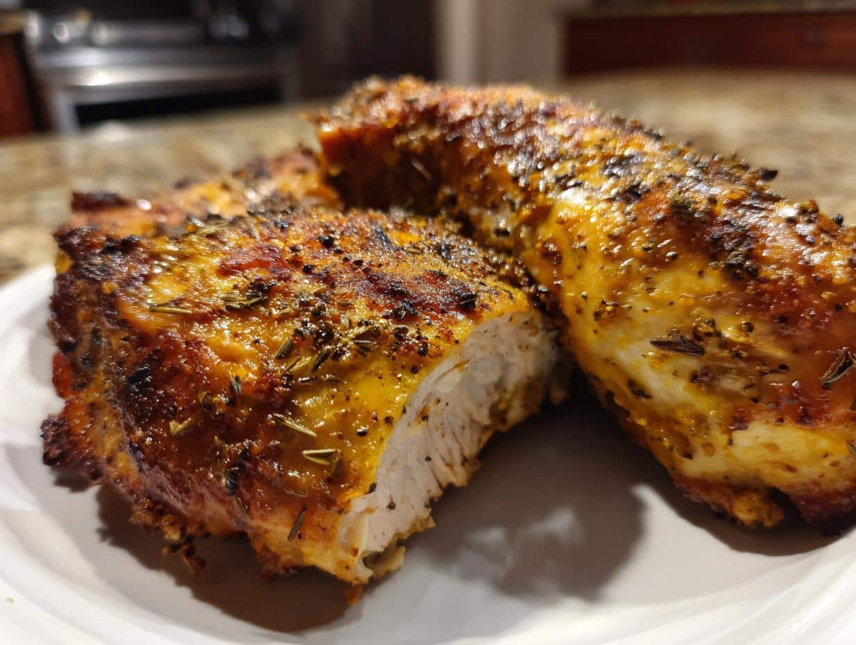 Close-up of two Oven-Baked Juicy Baked Chicken Breast pieces on a white plate, seasoned with herbs and spices, one cut open to show the moist interior.