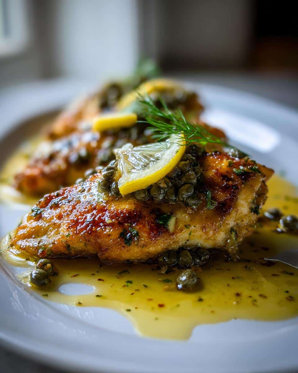 A close-up of a golden-brown piece of Oven-Baked Lemon Chicken Piccata, garnished with lemon slices, capers, and fresh dill.