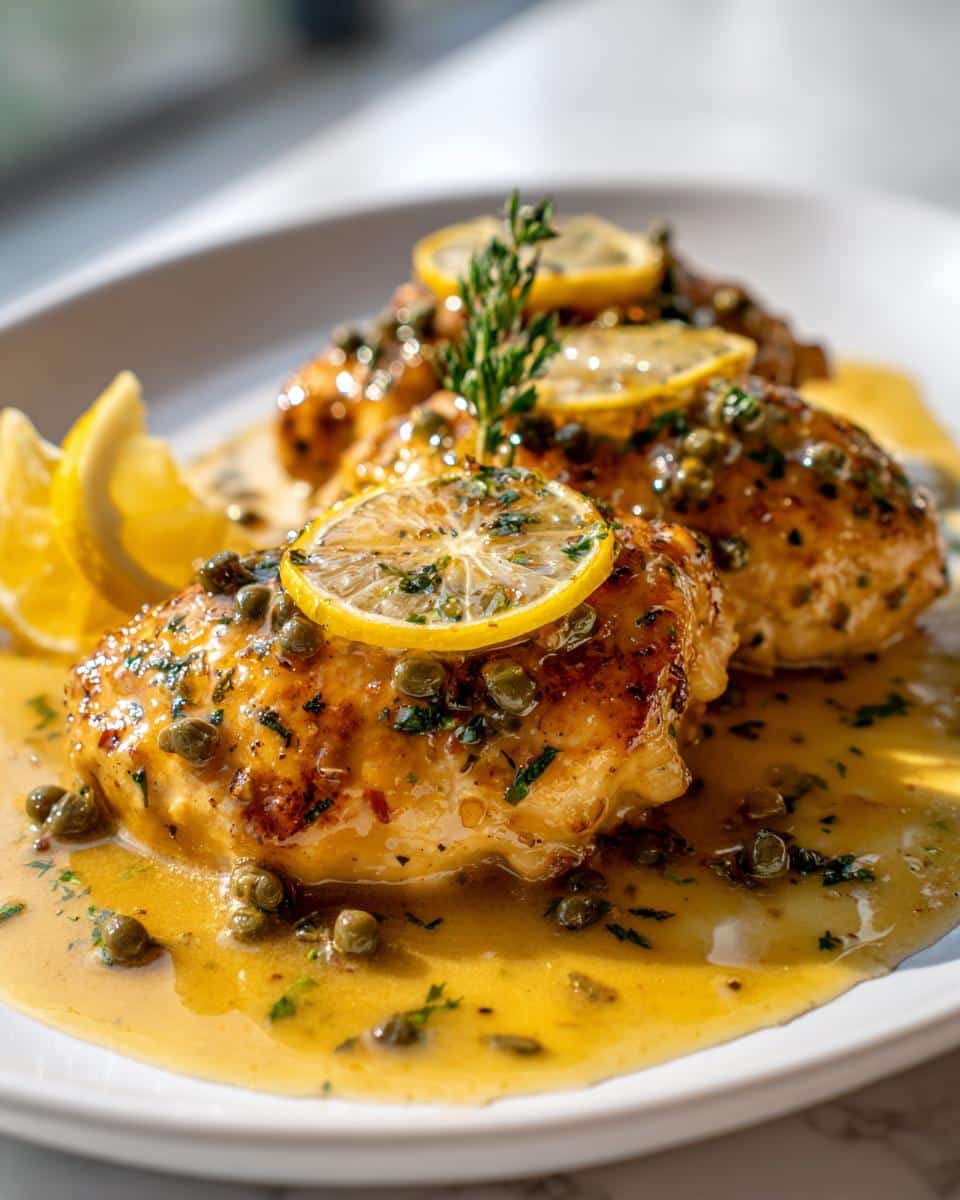Close-up of Oven-Baked Lemon Chicken Piccata on a white plate, garnished with lemon slices, capers, and fresh herbs.