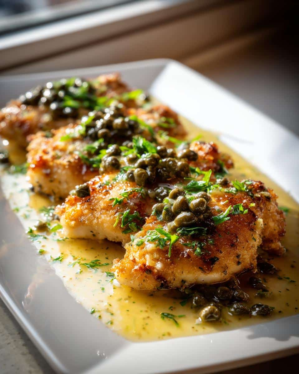 Close-up of golden brown Oven-Baked Lemon Chicken Piccata on a white plate, garnished with capers and fresh parsley.