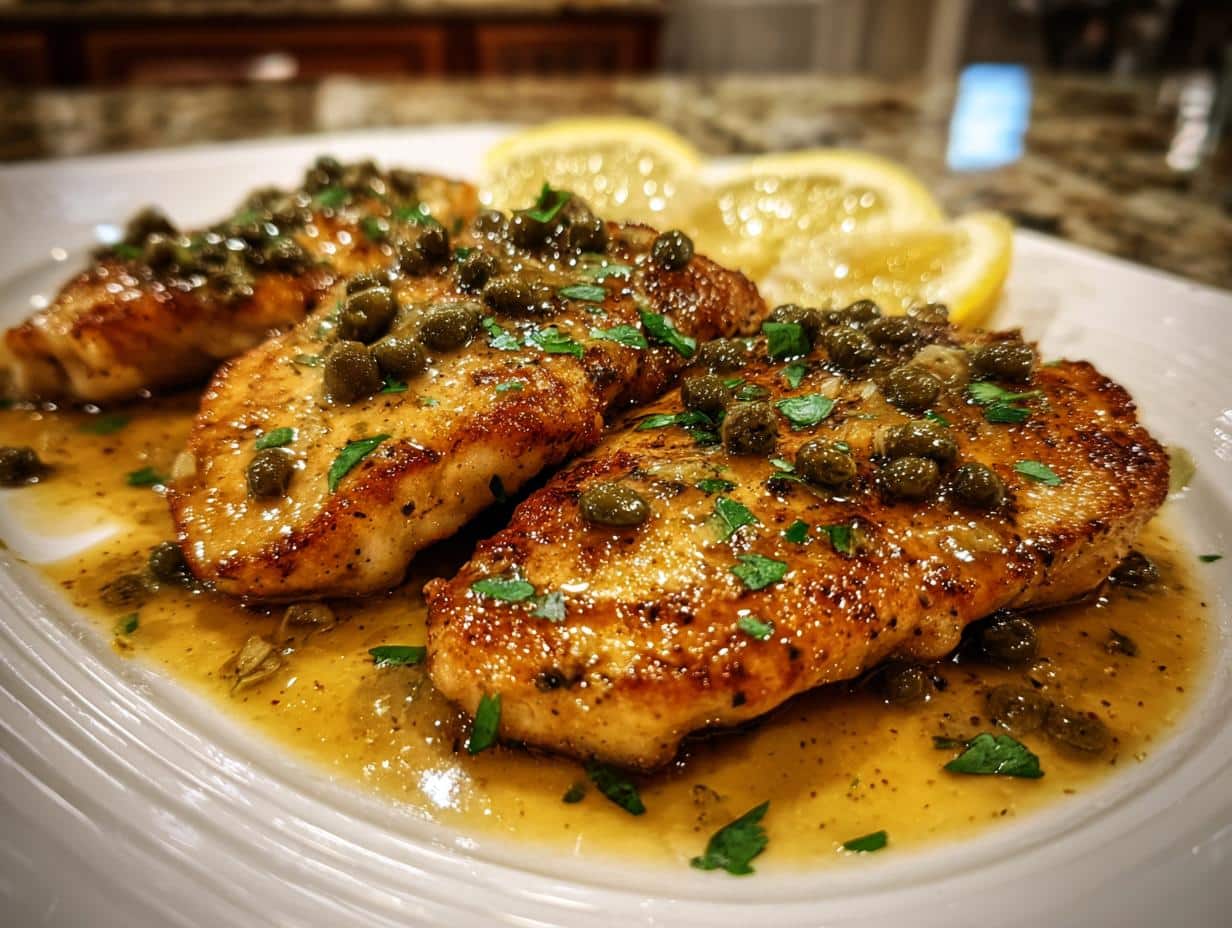 A close-up of three pieces of golden-brown Oven-Baked Lemon Chicken Piccata topped with capers, parsley, and a rich lemon sauce, served with lemon slices.