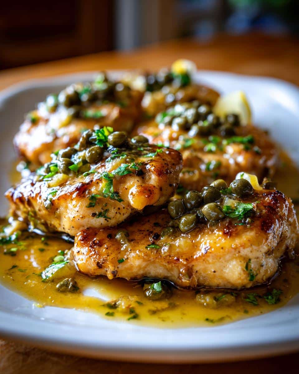Close-up of Oven-Baked Lemon Chicken Piccata on a white plate, garnished with capers, parsley, and lemon slices.