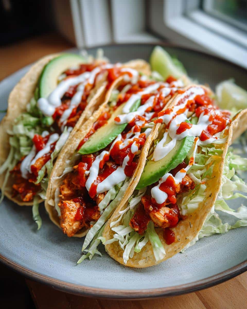 Three vibrant Pantry Chicken Street Tacos on a plate, topped with shredded lettuce, avocado slices, red sauce, and white crema.