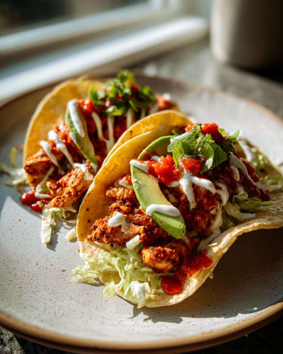 Two vibrant Pantry Chicken Street Tacos on a plate, topped with shredded lettuce, avocado slices, salsa, and a creamy drizzle.
