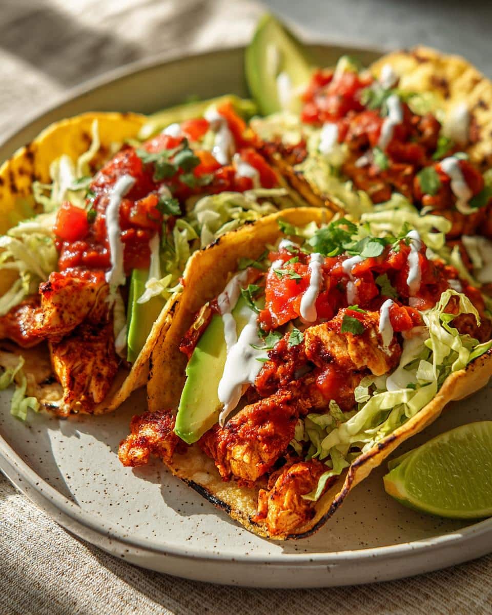 Close-up of two Pantry Chicken Street Tacos filled with chicken, shredded lettuce, avocado, salsa, and a creamy drizzle.