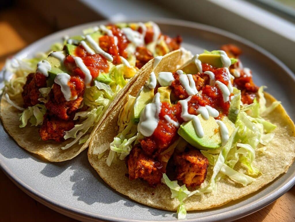 Two vibrant Pantry Chicken Street Tacos on a plate, filled with chicken, lettuce, avocado, salsa, and sour cream.