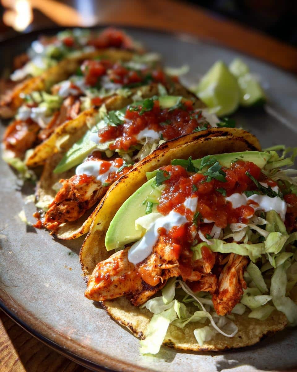 A close-up shot of several Pantry Chicken Street Tacos lined up on a plate, topped with shredded lettuce, avocado, salsa, and sour cream.