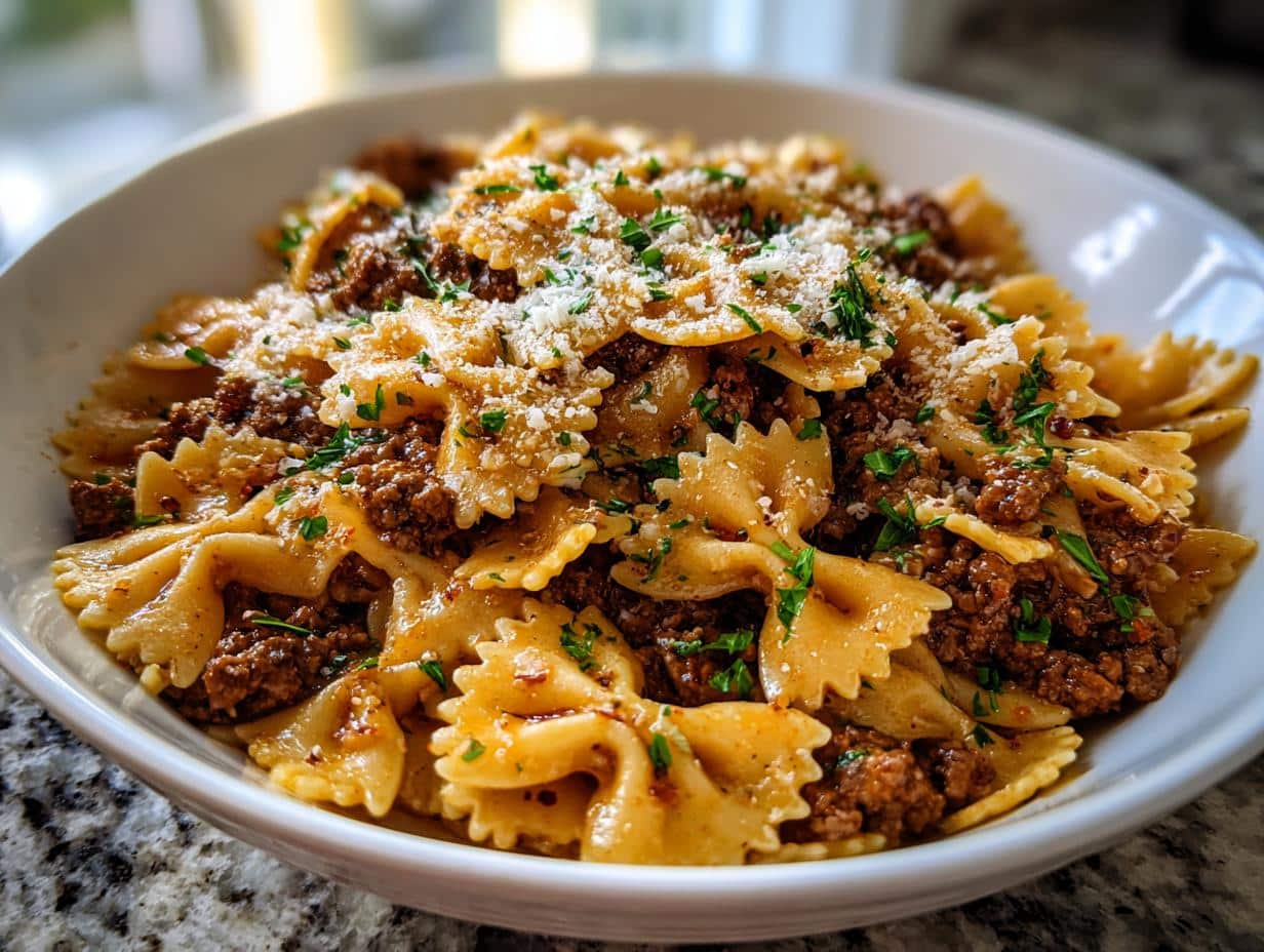 A close-up of a white bowl filled with Pantry Creamy Parmesan Garlic Beef Bowtie Pasta, garnished with fresh parsley and grated cheese.