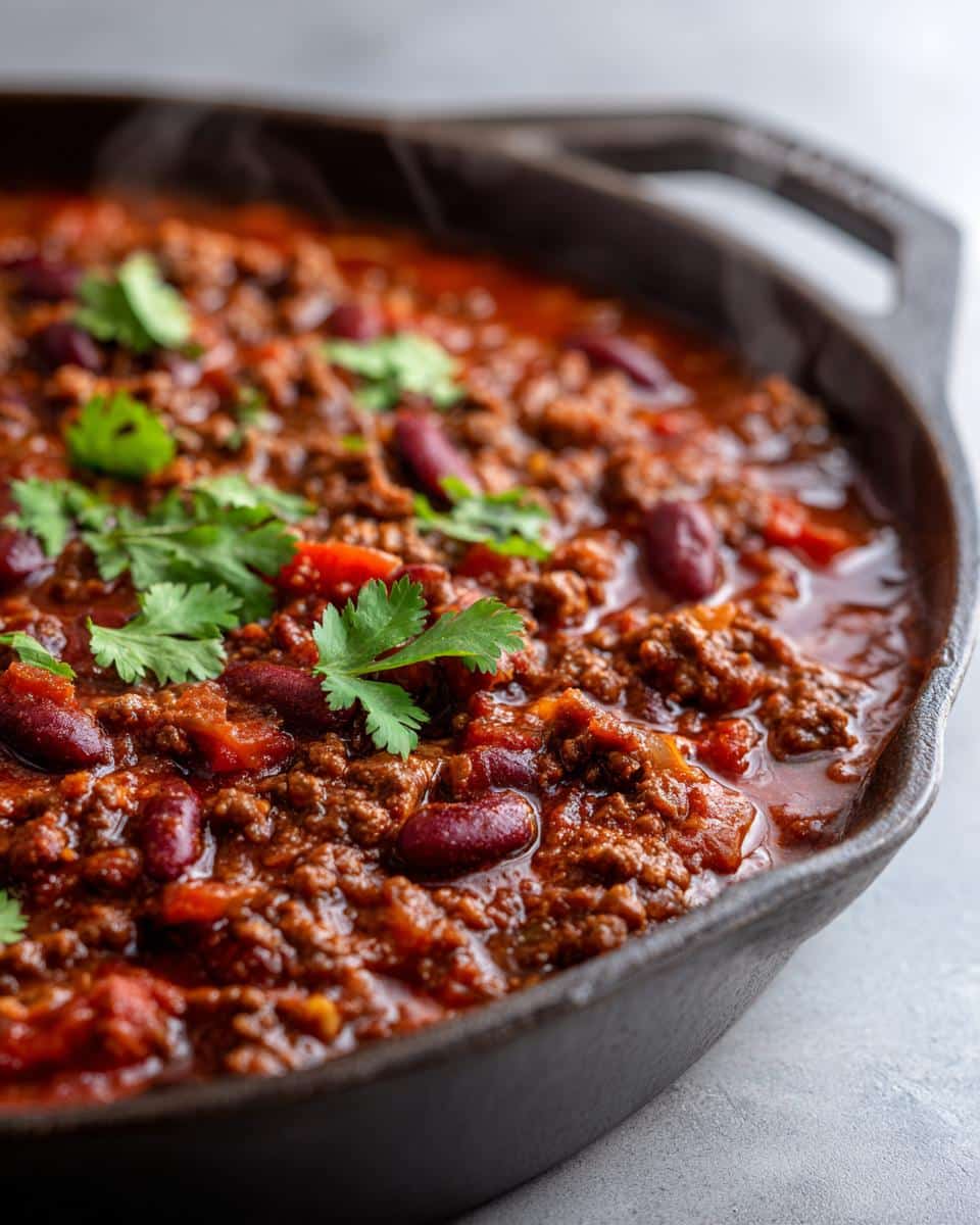 Close-up of a hearty skillet of Pantry Healthy Ground Beef Chili with kidney beans and fresh cilantro.