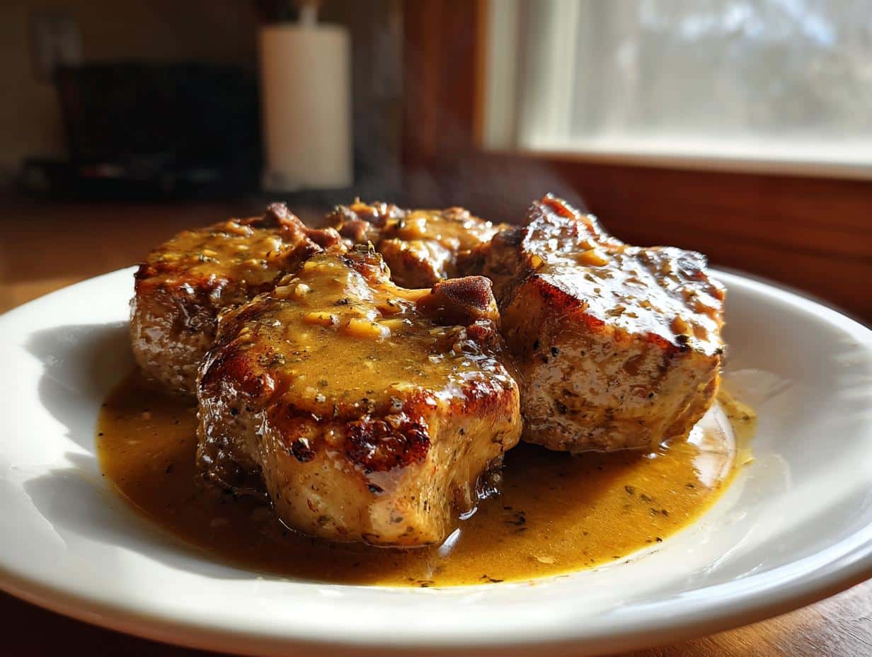 Close-up of three steaming Pantry Smothered Pork Chops covered in a rich, savory gravy on a white plate.
