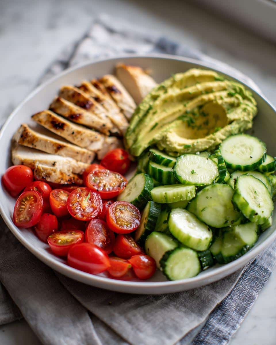 A balanced PCOS-Friendly Adult Lunchable with sliced grilled chicken, halved cherry tomatoes, sliced cucumbers, and mashed avocado in a white bowl.