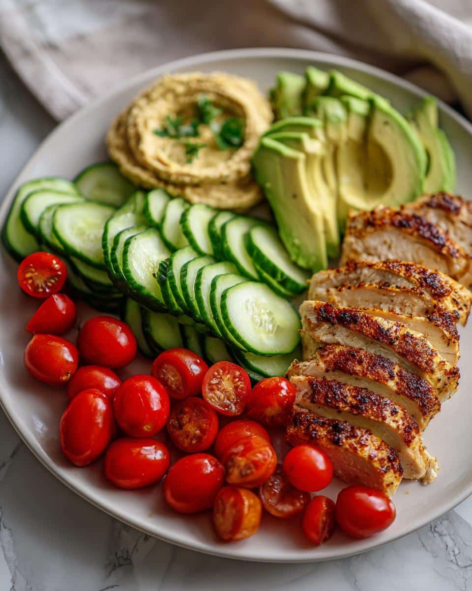 A balanced PCOS-Friendly Adult Lunchable with sliced chicken breast, hummus, avocado, cucumber, and cherry tomatoes on a white plate.