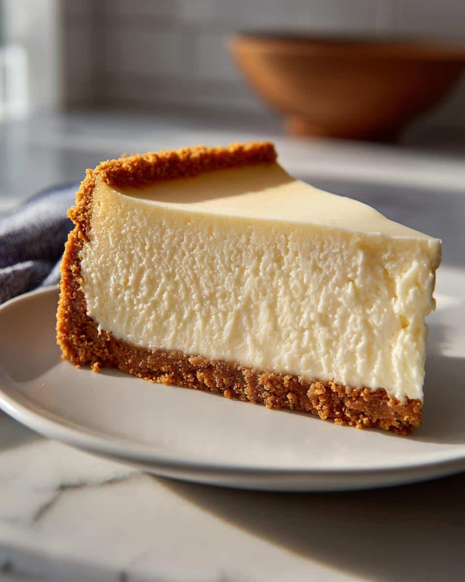 A close-up of a perfect slice of New York Cheesecake Recipe You'll Love, showing its creamy texture and graham cracker crust.