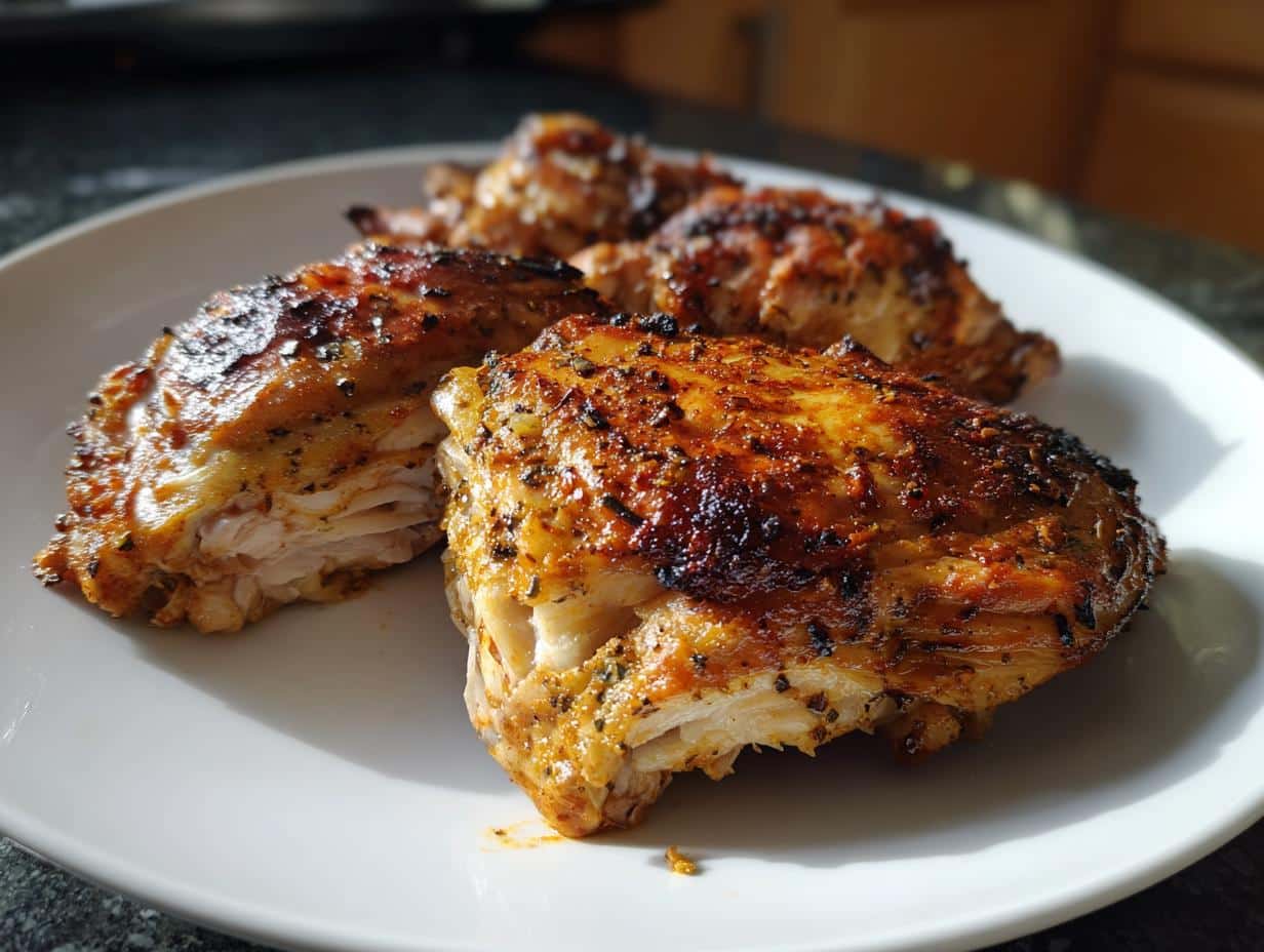 Close-up of golden-brown, seasoned Crockpot Chicken Thighs on a white plate, showing tender meat.