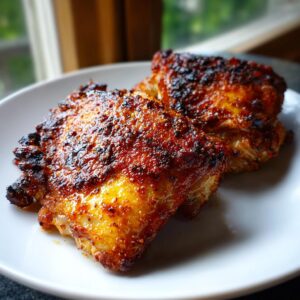 Spicy Chicken Thighs That Win Over Picky Eaters Every Time 6 Two beautifully cooked spicy chicken thighs with crispy, seasoned skin on a white plate, ready to be served.