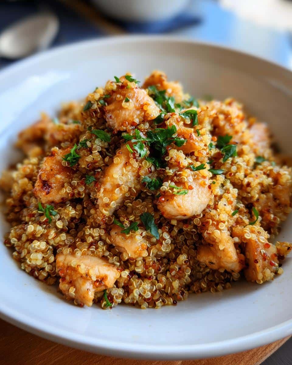 Close-up of a Protein-Packed bowl of chicken and quinoa, garnished with fresh parsley, in a white bowl.