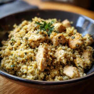 Close-up of a bowl filled with Protein-Packed chicken and quinoa, garnished with fresh herbs.
