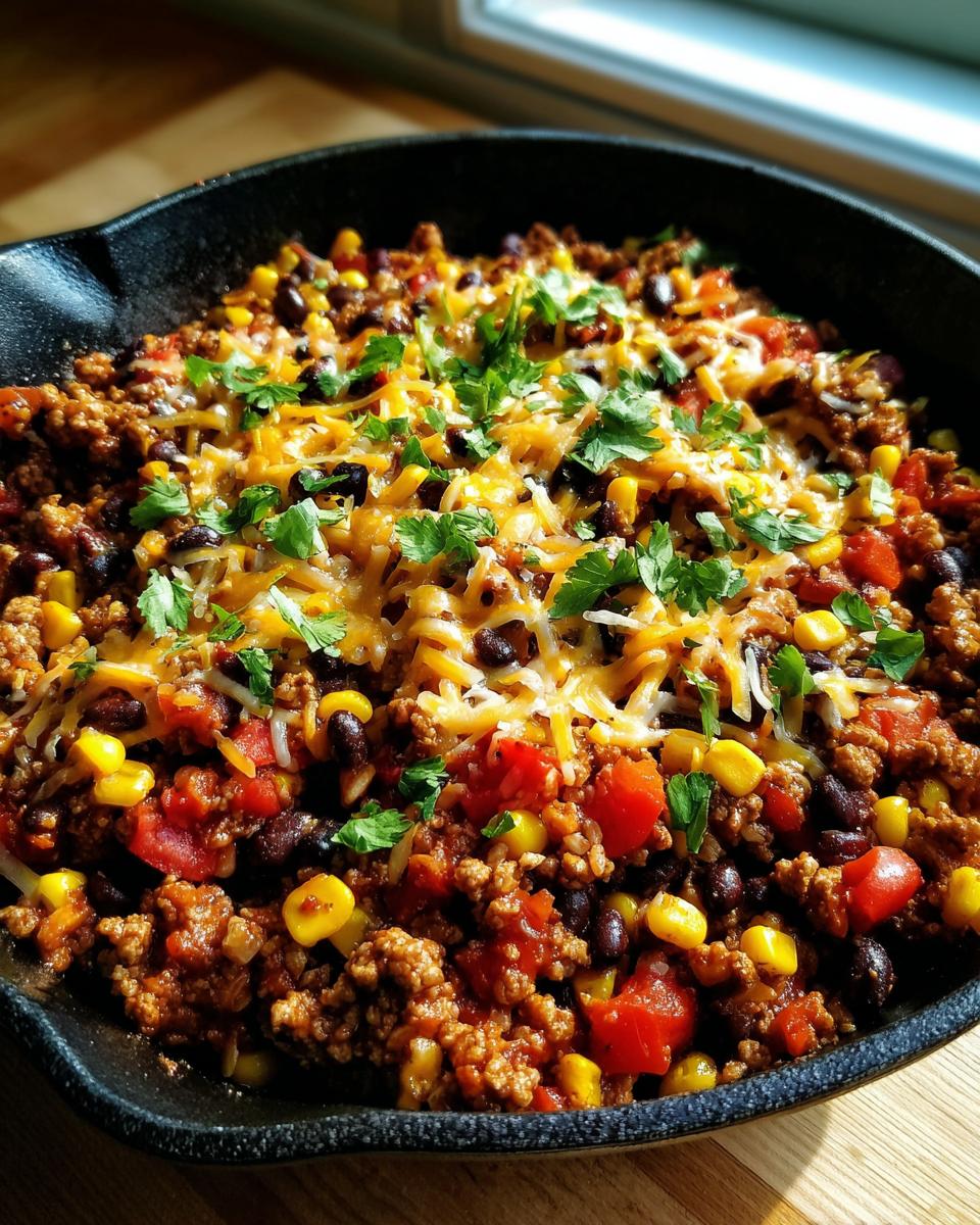 A close-up of a Protein-Packed Healthy Ground Turkey Taco Skillet in a cast iron pan, topped with melted cheese and fresh cilantro.
