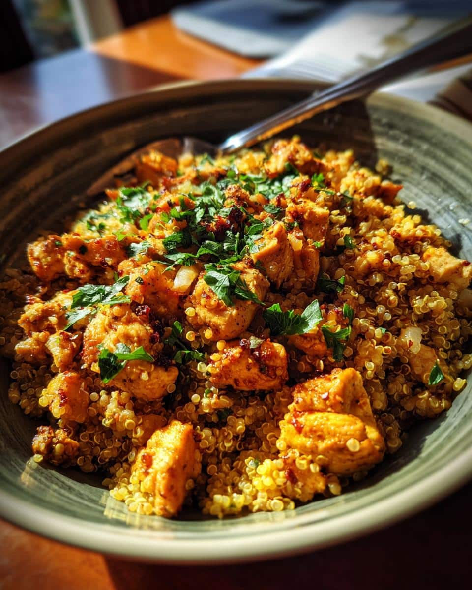 A close-up of a bowl filled with Protein-Packed Pin: chicken and quinoa, garnished with fresh parsley.