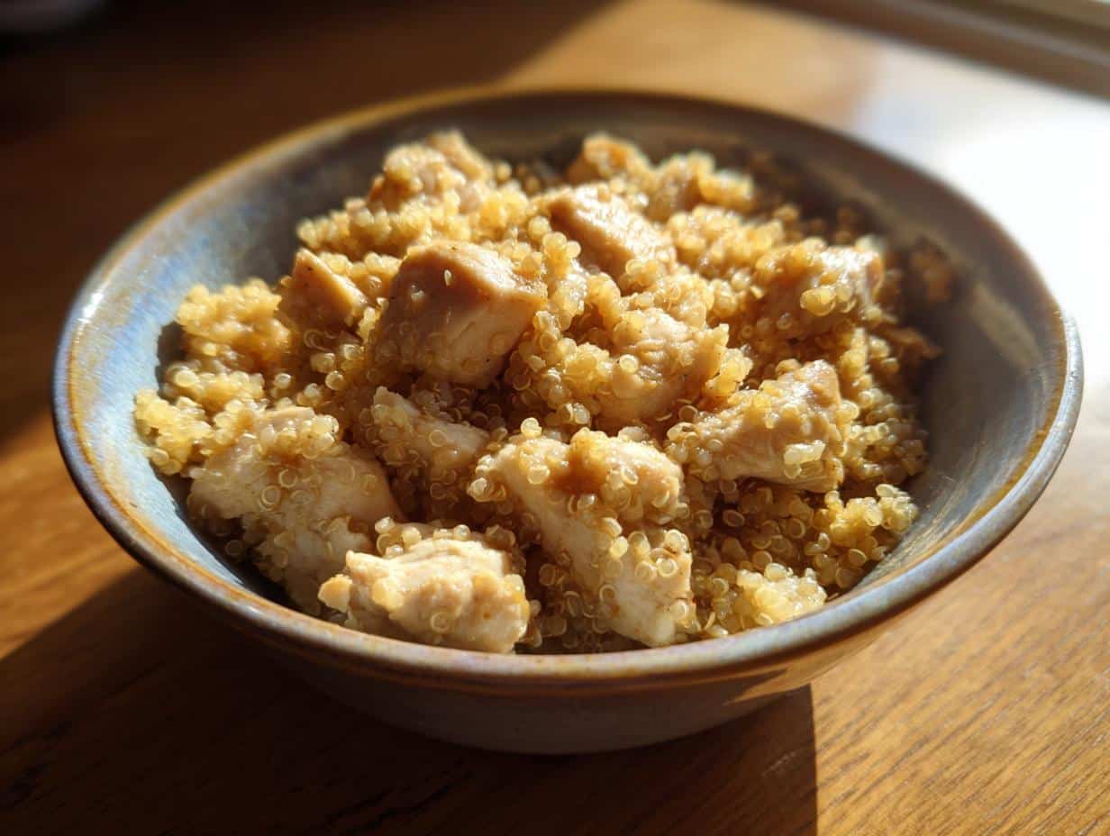 Close-up of a rustic bowl filled with Protein-Packed Pin, featuring quinoa and diced chicken pieces.