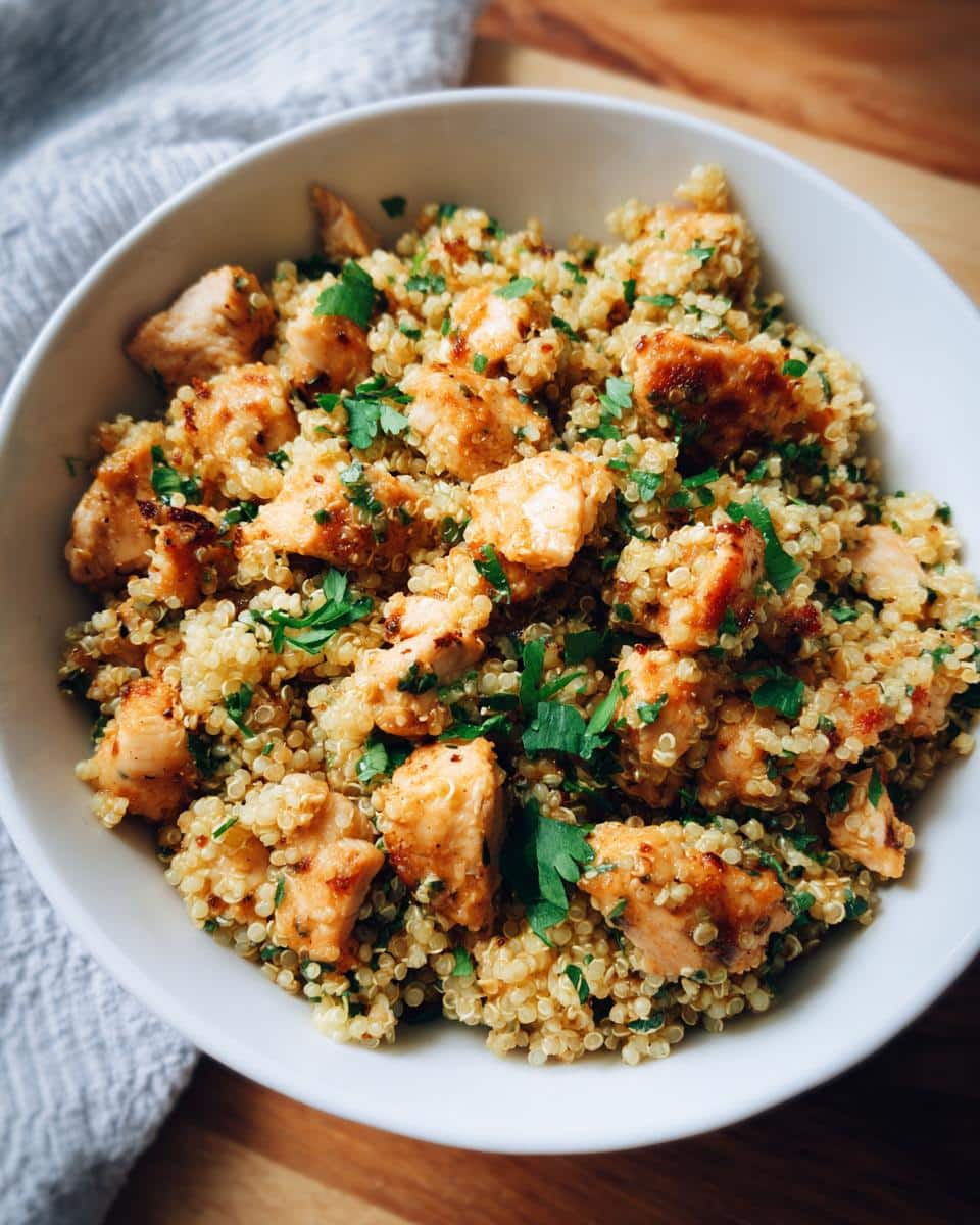 A close-up of a white bowl filled with Protein-Packed Pin quinoa and diced chicken, garnished with fresh parsley.