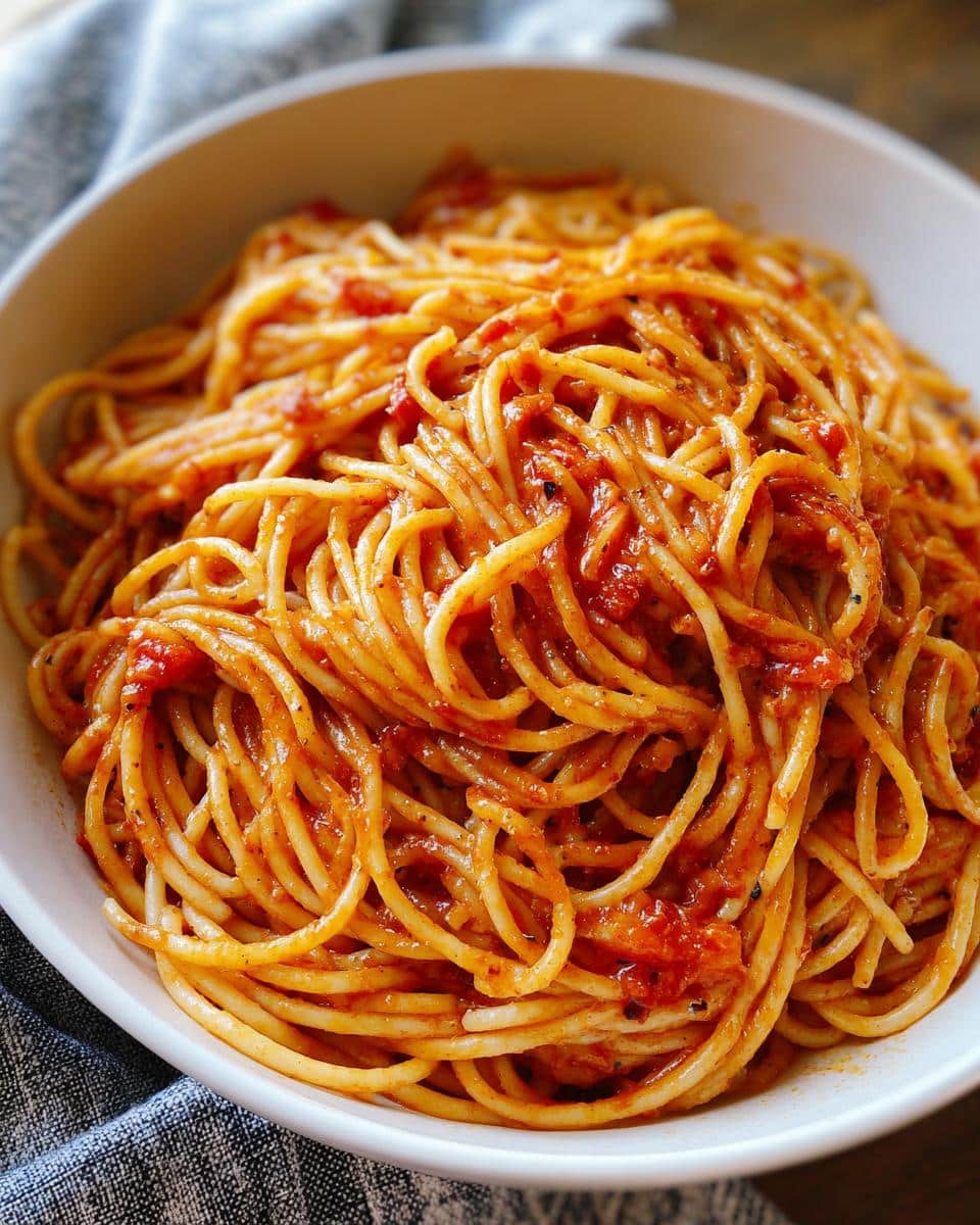 Close-up of a bowl filled with a Quick Creamy Tomato Garlic Pasta Dish, showing spaghetti coated in red sauce.