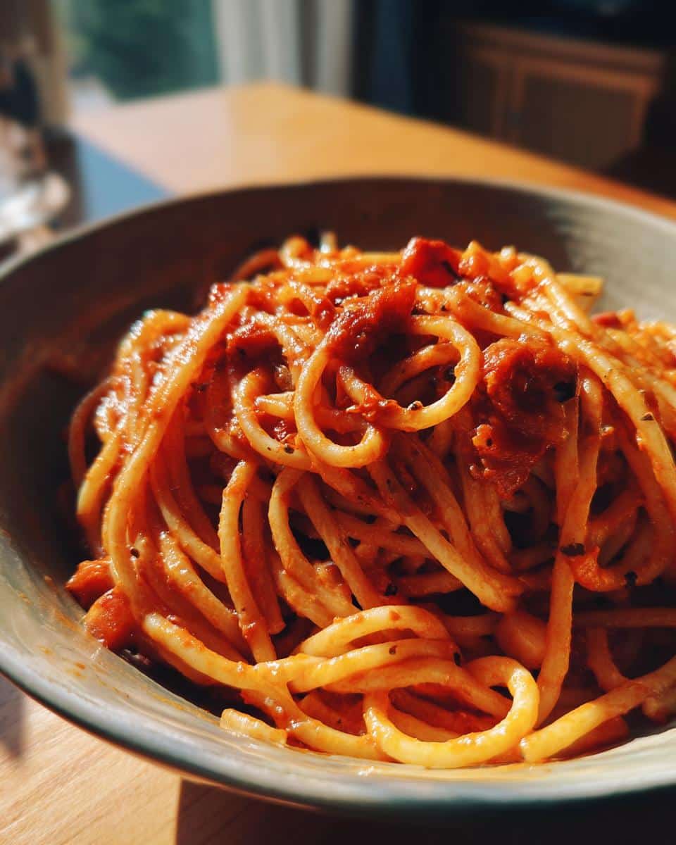 Close-up of a bowl filled with a Quick Creamy Tomato Garlic Pasta Dish, showing spaghetti coated in red sauce.